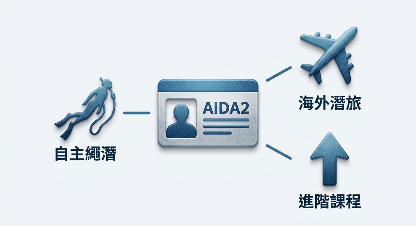 取得 AIDA2 後可解鎖活動圖示組插畫,畫面中央一張證照卡圖示,向外以三條短線連到三個活動圖示:一個潛伴繩潛剪影、一架飛機代表海外自潛行程、一個向上箭頭代表報名下一級課程,海藍色系、乾淨。每個圖示下方僅一組四字以內中文標籤逐字為 自主繩潛、海外潛旅、進階課程,不含引號括號,除這三組標籤外不得出現任何其他文字或數字