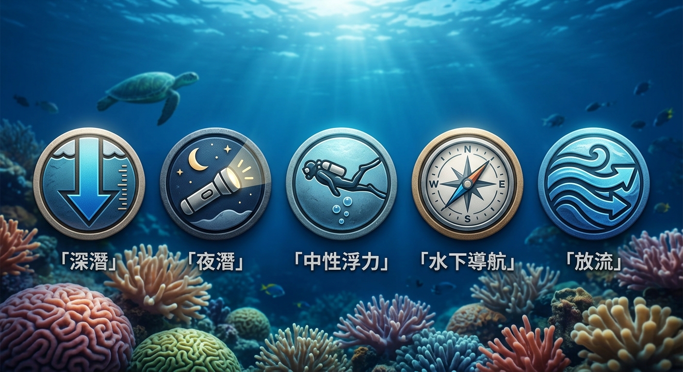 AOW 五項潛水專長圖示總覽,五個圓形圖示水平排列:深潛(向下箭頭與深度標尺圖示)、夜潛(手電筒與月亮圖示)、中性浮力(懸停人形圖示)、水下導航(指北針圖示)、放流潛水(水流箭頭圖示),背景為小琉球海底珊瑚與海龜剪影,整體藍色海洋色系,每個圖示下方一行繁體中文標籤分別為 深潛、夜潛、中性浮力、水下導航、放流,標籤僅一行不得換行、五個標籤各不相同、不得重複,圖中除這五個標籤外不得出現任何其他文字、數字或年份