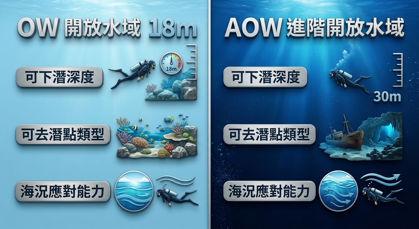 OW 與 AOW 能力對照表格圖,左右兩欄垂直對比,左欄標題 OW 開放水域 配深度數字 18m,右欄標題 AOW 進階開放水域 配深度數字 30m,每欄下方列出三項能力對照(可下潛深度、可去潛點類型、海況應對能力),用海水深淺漸層背景呈現深度差距,左欄淺藍右欄深藍,所有數字逐字標注 18m 與 30m 並與欄位高度成正比,圖中僅出現 OW、AOW、18m、30m 與三項能力中文標籤、不得出現其他數字或年份