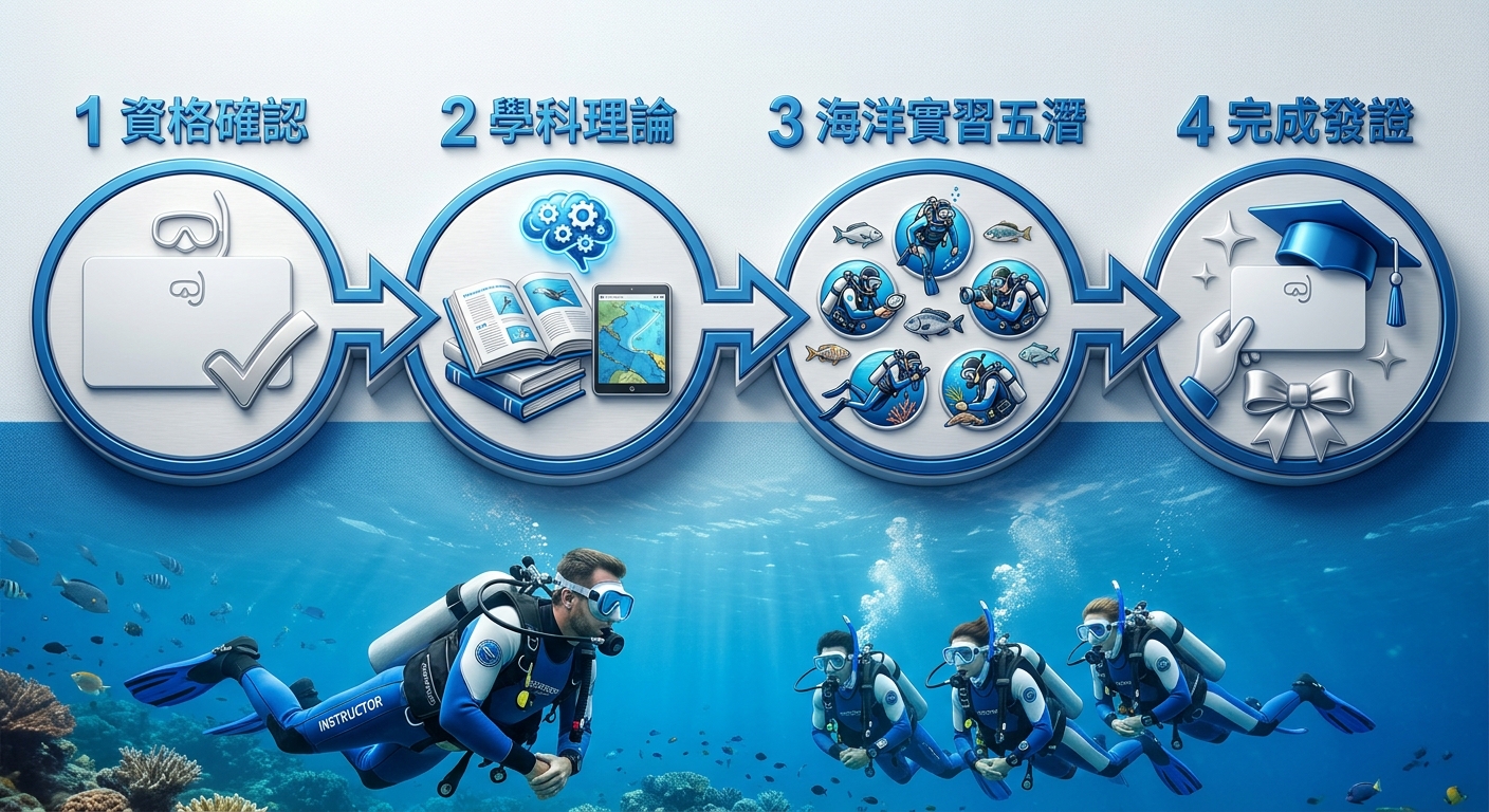 AOW 報名到結訓的橫向流程步驟圖,四個步驟由左到右用箭頭連接,每步一個圓形編號與圖示:步驟一 資格確認(OW 證照圖示)、步驟二 學科理論(書本圖示)、步驟三 海洋實習五潛(海浪與氣瓶圖示)、步驟四 完成發證(證照卡圖示),底部一行教練帶領情境,配色藍白,恰好四個步驟不得多於四個、四個步驟文字各不相同、每個標籤僅一行不得換行,圖中僅出現四個步驟中文標籤與編號 1 2 3 4、不得出現其他文字或年份