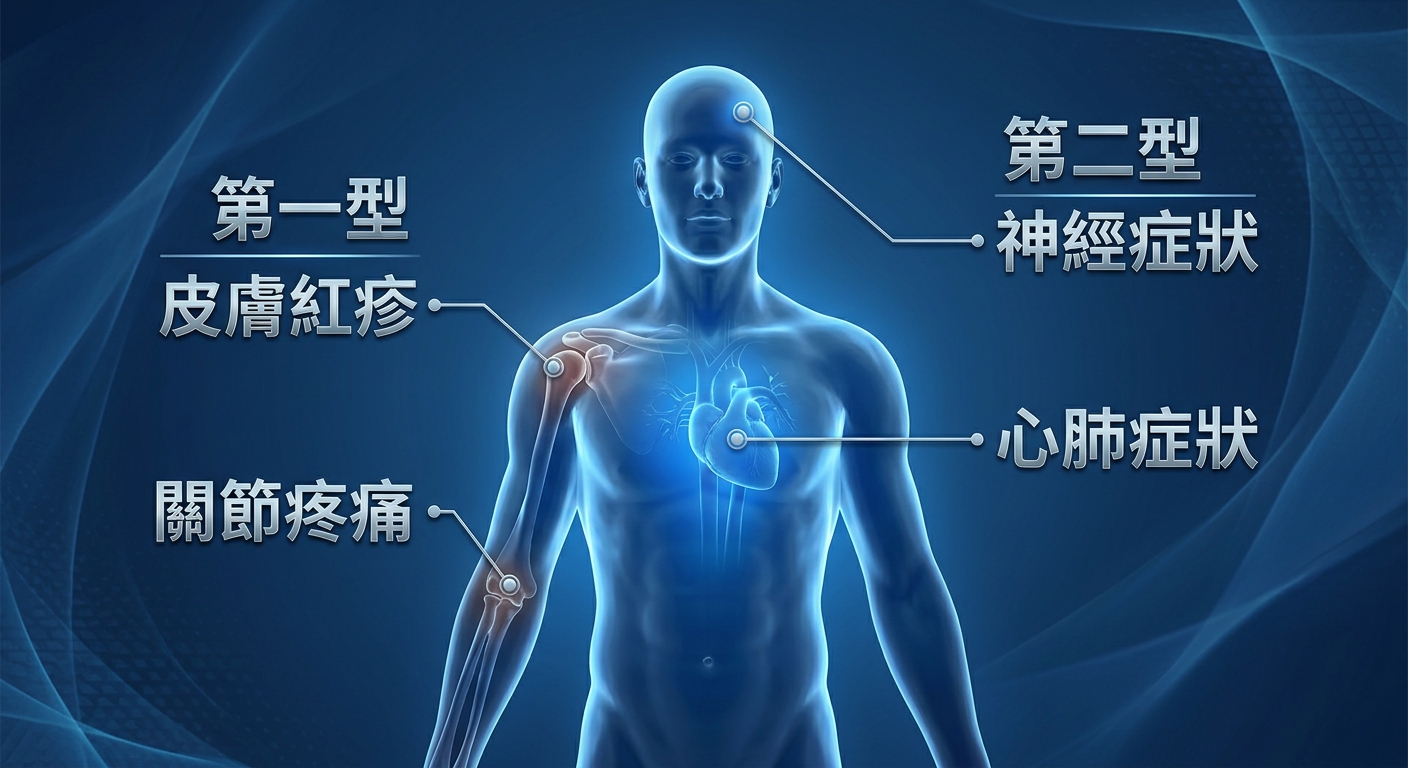 減壓症症狀分型人體標示圖,畫面為一個簡單人體輪廓,左側標示第一型症狀指向皮膚與關節(標籤 皮膚紅疹、關節疼痛),右側標示第二型症狀指向頭部與軀幹(標籤 神經症狀、心肺症狀),人體標示插畫風格、藍色系,標籤各一行不換行、各標籤文字不同不得重複,除這些標籤外圖中不得出現其他文字或年份
