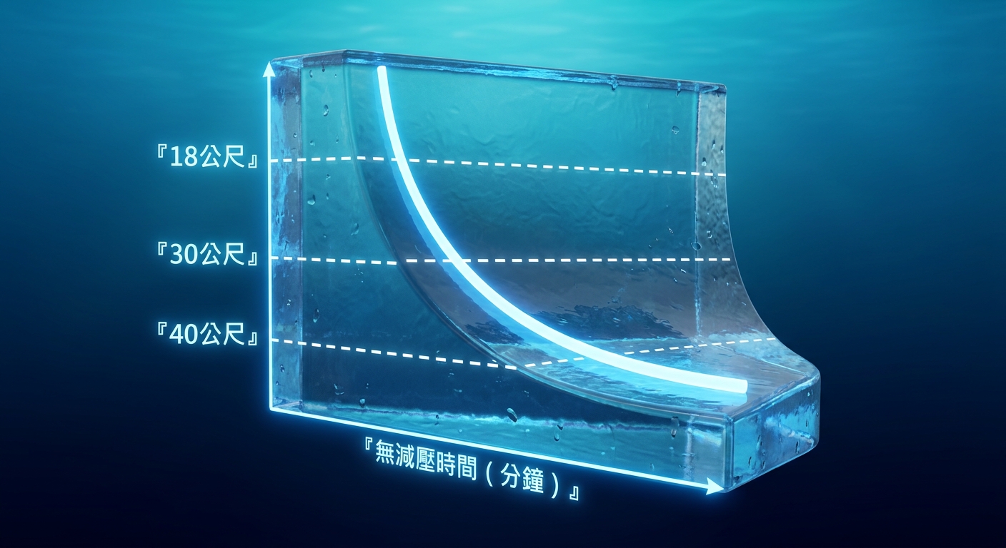休閒潛水各等級可下潛深度與無減壓時間關係的曲線圖,縱軸為深度(公尺、由上往下遞增),橫軸為無減壓停留時間(分鐘),曲線顯示越深停留時間越短的反比趨勢,圖中以三條水平虛線分別標出三個深度層級,深度標籤分別為 18公尺、30公尺、40公尺,整體為藍色海洋漸層背景的乾淨資訊圖,標籤僅這三個各不相同不得重複,圖中除這三個深度標籤外不得出現任何其他文字、字母、數字或年份