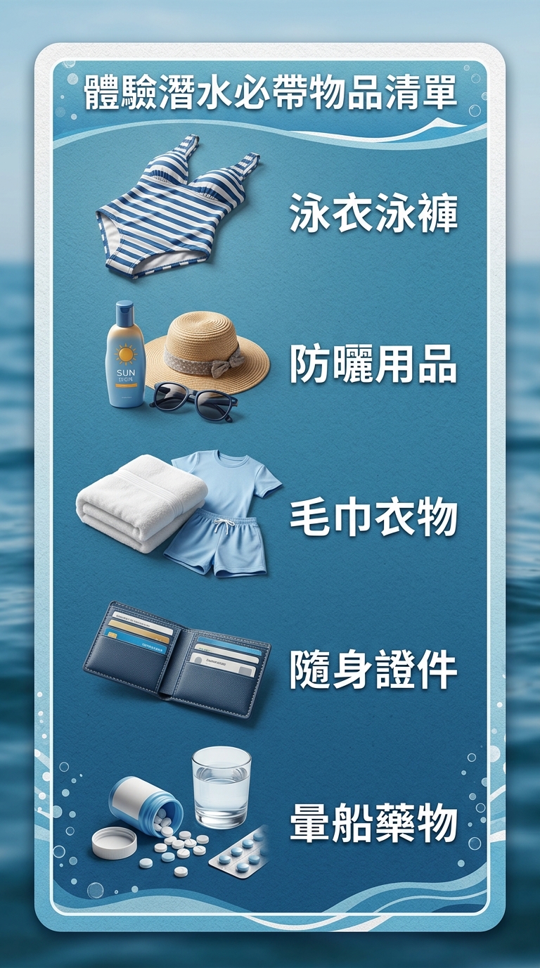 體驗潛水必帶物品清單卡片圖,五個物品圖示縱向排列,每個圖示右側一行四字以內標籤:泳衣泳褲、防曬用品、毛巾衣物、隨身證件、暈船藥物,恰好五項不得多於五項,五項文字各不相同不重複每項一行不換行,配色海洋藍與白,圖中不得出現任何年份網址或價格