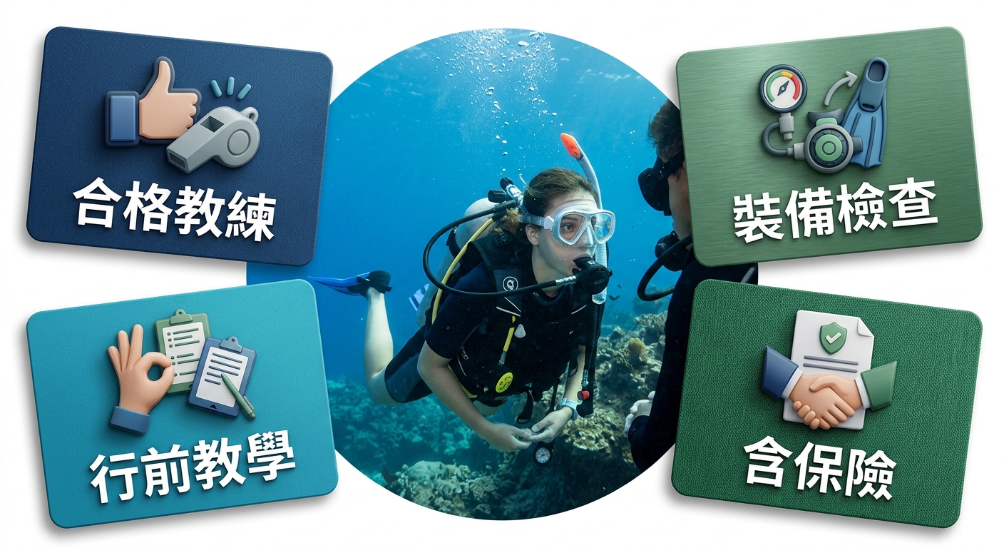 體驗潛水安全機制示意圖,畫面中央為一位下水的學員,周圍環繞四個防護圖示卡片:合格教練、裝備檢查、行前教學、含保險,恰好四張不得多於四張,四張文字各不相同不重複每張四字以內一行不換行,配色信任藍與綠,圖中不得出現任何金額數字或年份