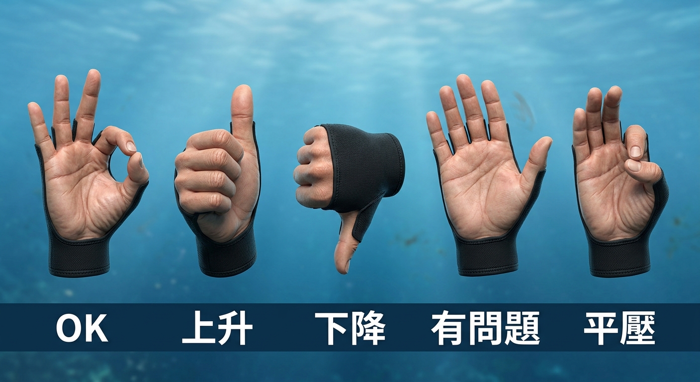 潛水基本手勢圖,五個手勢圖示橫向排列,每個手勢下方一行三字以內標籤:OK、上升、下降、有問題、平壓,恰好五個不得多於五個,五個文字各不相同不重複每個一行不換行,配色海洋藍與白,手勢以手部圖形呈現不含人臉,圖中除這五個標籤外不得出現其他文字或年份