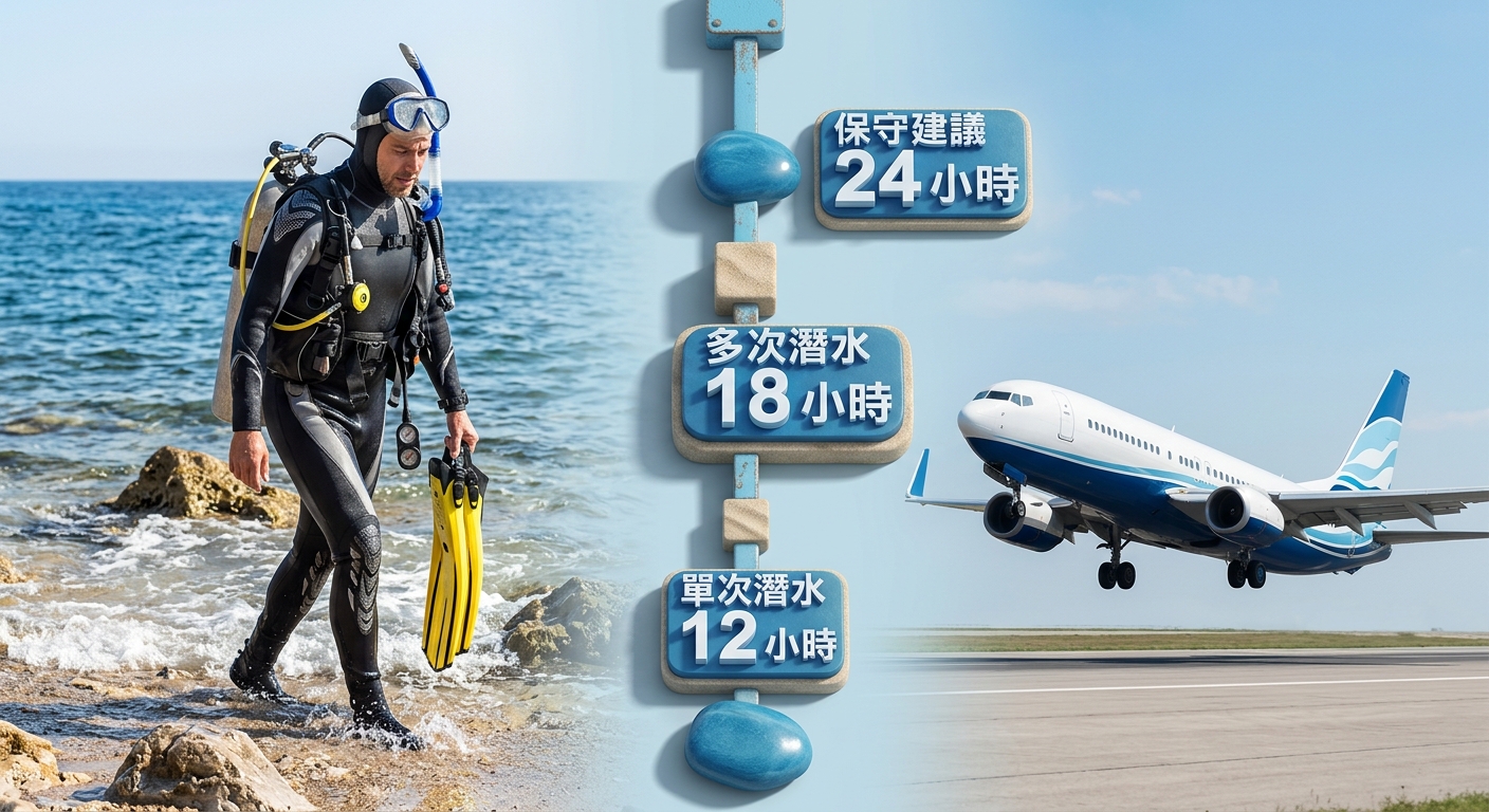 潛水後搭飛機間隔時間提醒圖,畫面左為潛水員上岸、右為飛機起飛,中間有一條時間軸標出三個間隔節點:單次潛水 12 小時、多次潛水 18 小時、保守建議 24 小時,數字逐字標注於對應節點,配色天空藍與海洋藍,圖中除這些時間數字外不得出現其他文字或年份