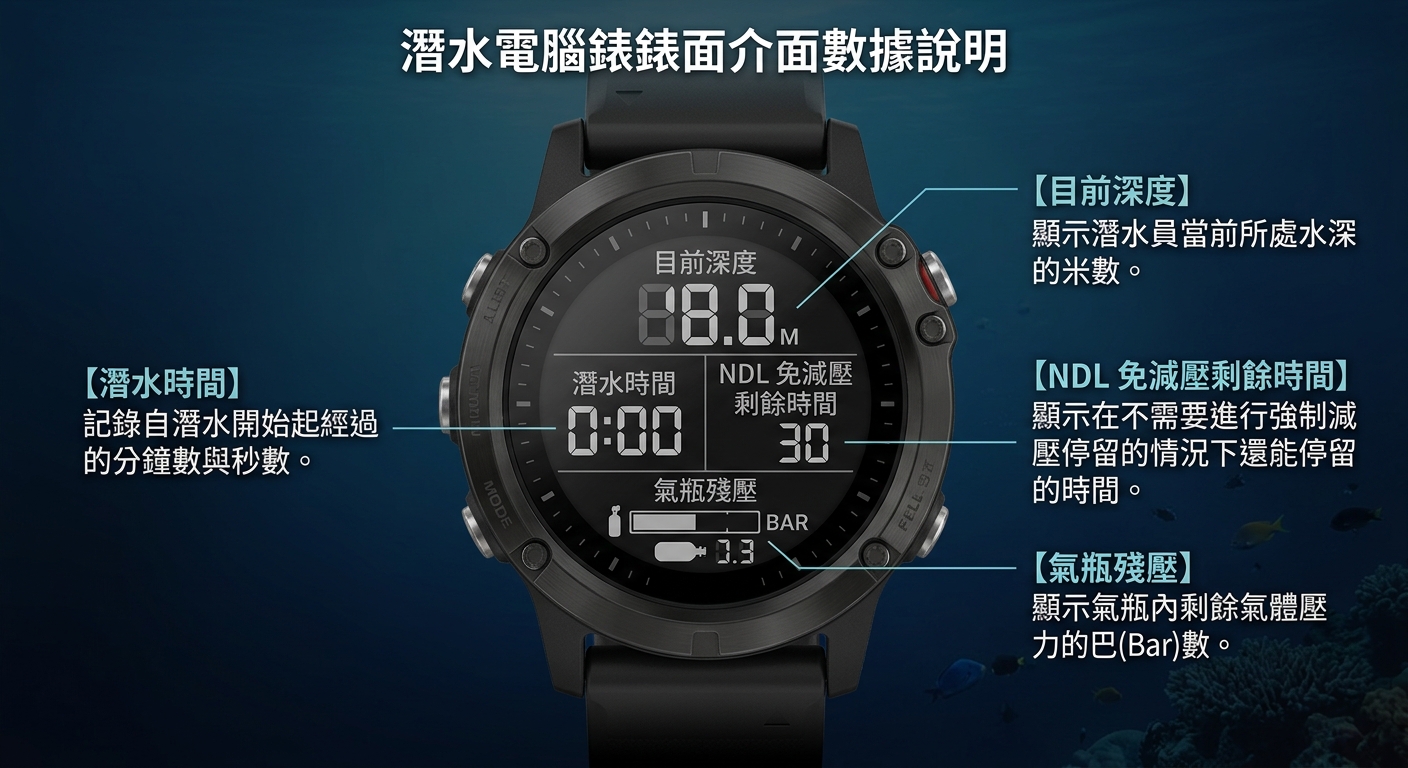 潛水電腦錶錶面介面數據說明圖,畫面正中一支圓形潛水電腦錶,錶面分區標註:上方大數字為目前深度、左下為潛水時間、右下為 NDL 免減壓剩餘時間、底部小字為氣瓶殘壓,每個標註用一條細線拉出對應一行繁體中文說明,文字僅一行不換行不重複,海洋藍與黑色配色,背景深藍漸層,圖中不得出現任何品牌名稱或年份