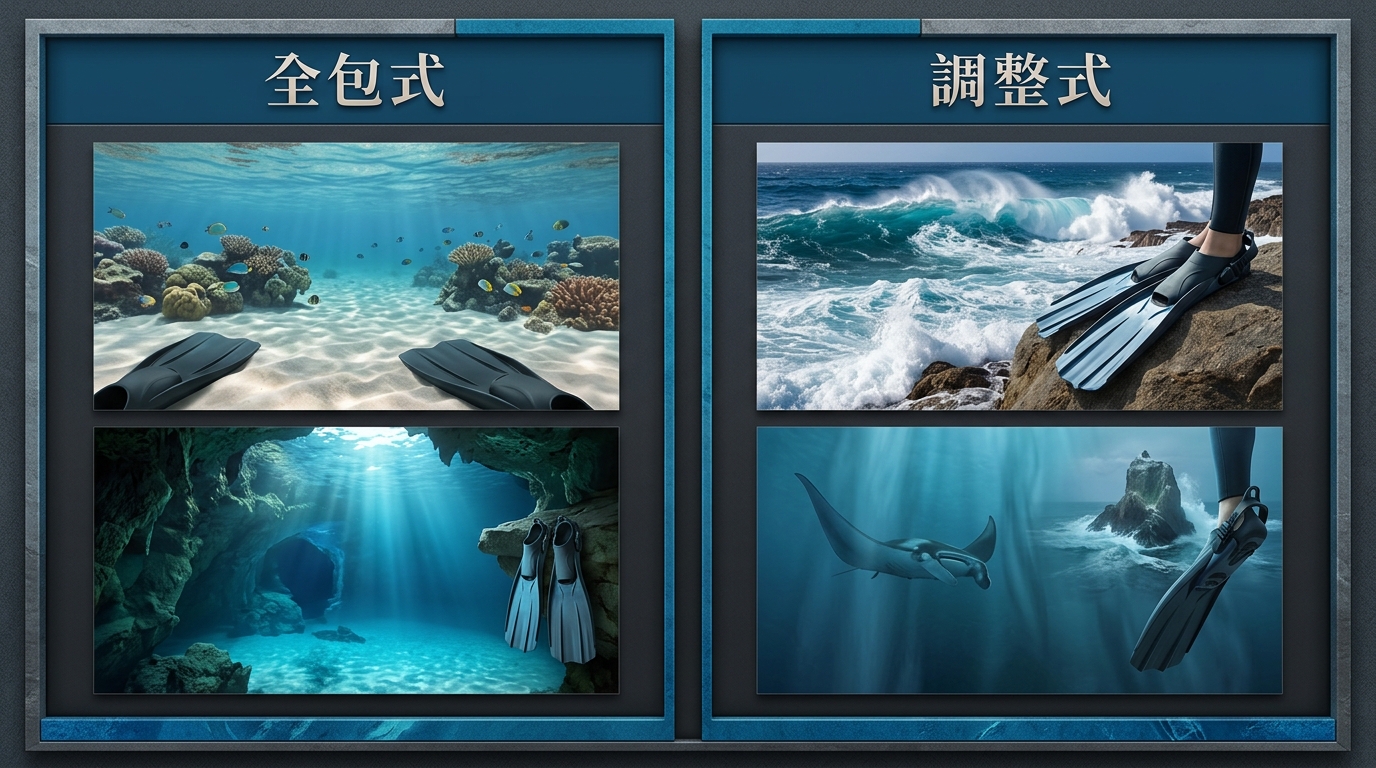 全包式與調整式蛙鞋適用情境對照圖,左右兩欄,恰好兩欄不得多於兩欄:左欄標題全包式列出暖水與船潛、右欄標題調整式列出岸潛走礁石與冷水,每項一個簡單線條情境圖示加一行繁體中文,文字不換行不重複,海洋藍與深灰配色,圖中不得出現任何品牌或年份