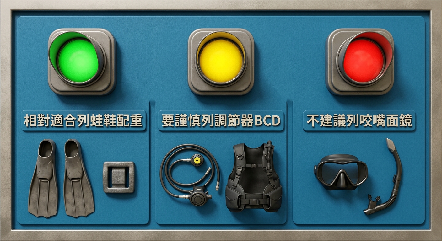 二手潛水裝備適合度紅綠燈號誌示意圖,三欄分級,恰好三欄不得多於三欄:綠燈標註相對適合列蛙鞋配重、黃燈標註要謹慎列調節器 BCD、紅燈標註不建議列咬嘴面鏡,每欄一個圓形燈號加一行繁體中文,文字不換行不重複,綠黃紅三色燈號搭海洋藍底,圖中不得出現任何品牌價格或年份
