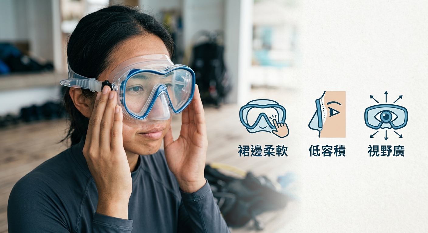 潛水面鏡合臉測試與選購重點說明插畫,左側畫一個人不套頭帶把面鏡輕貼臉用鼻吸氣做吸附測試、面鏡吸附在臉上不掉,右側列出三個選購重點圖示:裙邊柔軟、低容積、視野廣,各一行繁體中文標註,文字不換行不重複,海洋藍與膚色線條插畫,圖中不得出現任何品牌或年份