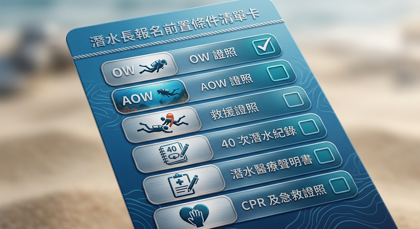 潛水長報名前置條件清單卡,依序列出 OW、AOW、救援證照、40 次潛水、醫療聲明、CPR急救,每項配勾選框圖示,海洋藍配色
