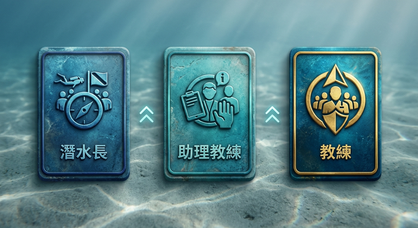 潛水長、助理教練、教練資格對照表插畫,三欄分別列出各級的前置條件、能力範圍與下一步,海洋色系,清楚分級