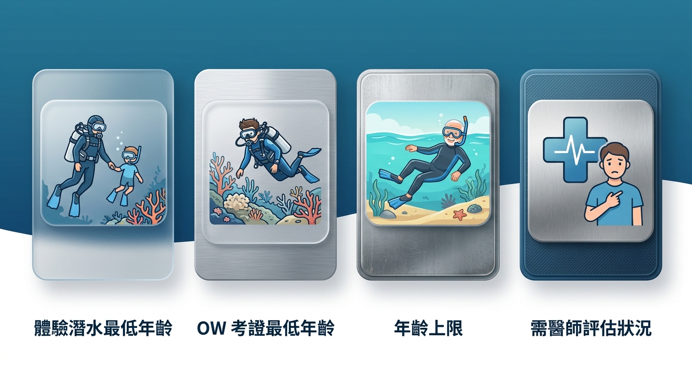 潛水年齡與健康限制速查表格資訊圖,表格分兩欄,左欄項目文字逐字為 體驗潛水最低年齡、OW 考證最低年齡、年齡上限、需醫師評估狀況,右欄為對應簡短說明,配色海洋藍與白底,乾淨易讀,圖中除表格內文字外不得出現任何其他標題、年份或網址