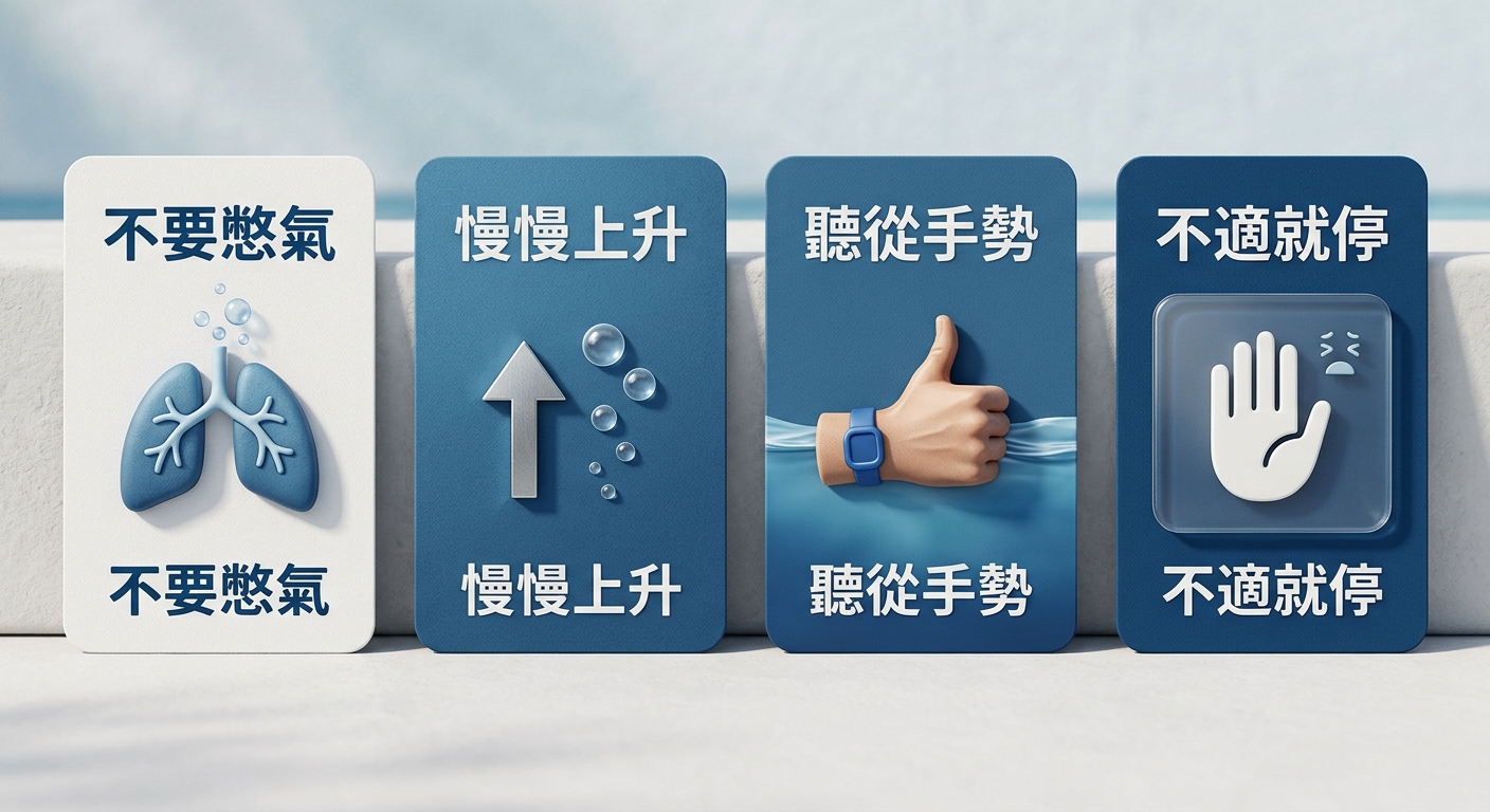 不會游泳下水安全守則卡片圖,四張並排卡片,每張一個圖示加四字以內標籤:不要憋氣、慢慢上升、聽從手勢、不適就停,恰好四張不得多於四張,四張文字各不相同不重複每張一行不換行,配色信任藍與白,圖中不得出現任何年份或網址