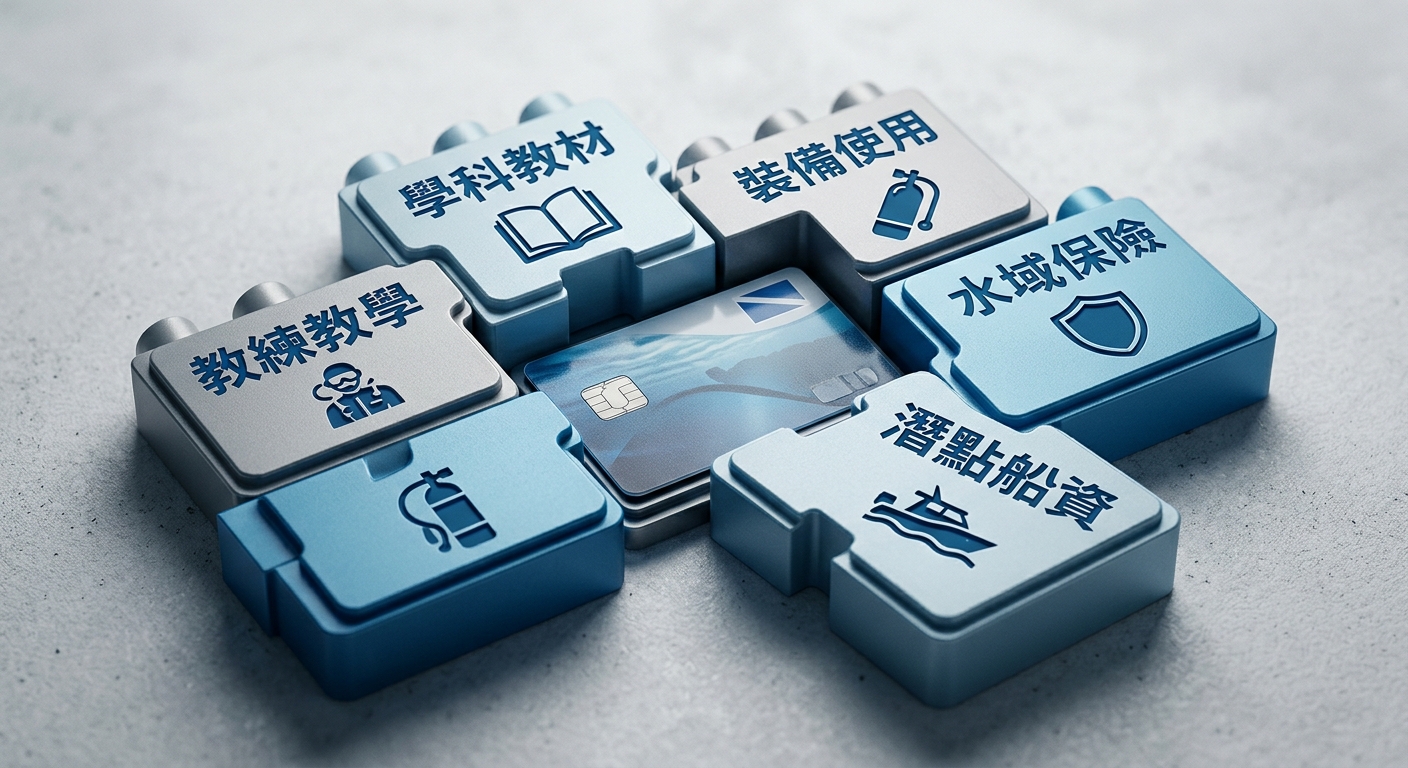 潛水證照費用組成拆解圖,畫面中央一張證照卡向外拆成五個積木區塊,每塊一行標籤逐字為 教練教學 學科教材 裝備使用 水域保險 潛點船資,每塊配一個對應圖示(教練人形、書本、氣瓶、盾牌、船),五塊文字各不相同不重複每塊文字一行不換行,配色海洋藍與淺灰,絕對不得出現任何金額數字貨幣符號,整張圖除上述五個標籤外不得出現任何其他文字數字或標題
