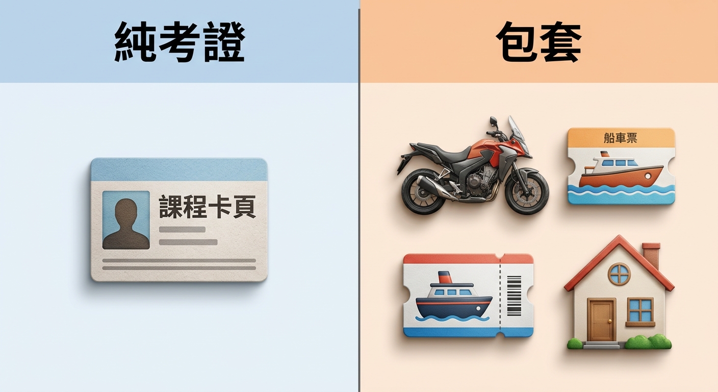 純考證 vs 包套左右對照圖,左欄上方一行標籤逐字為 純考證下方圖示一張課程卡,右欄上方一行標籤逐字為 包套下方三個圖示機車船票房子,中間一條垂直分隔線,兩欄標籤各一行不換行不重複,配色左欄淺藍右欄淺橙,絕對不得出現任何金額數字貨幣符號,整張圖除上述兩個標籤外不得出現任何其他文字數字或標題