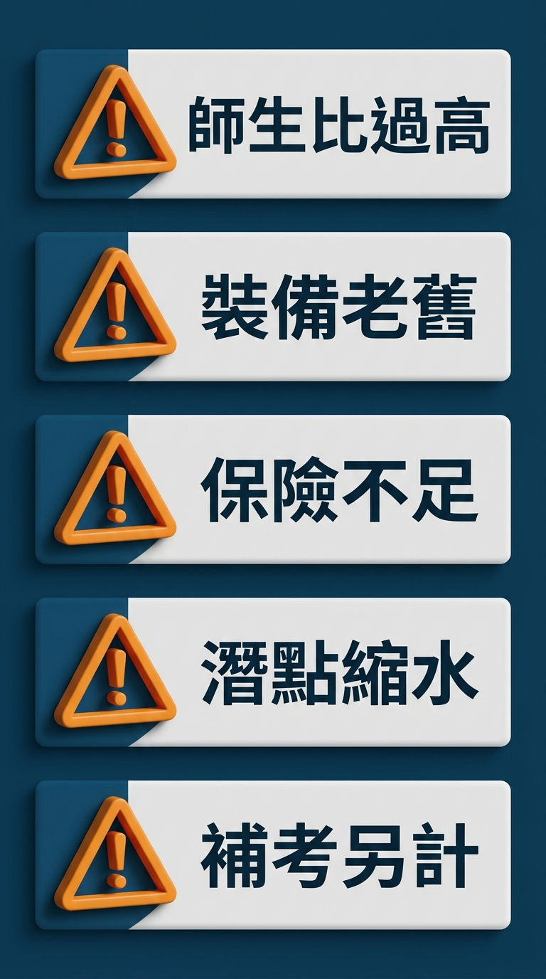低價陷阱五大警訊圖卡,一張直式警示卡由上到下五個並列區塊每塊左側一個三角形警示圖示右側一行短標籤逐字為 師生比過高 裝備老舊 保險不足 潛點縮水 補考另計,恰好五項不得多於五項每項文字各不相同不重複每項一行不換行,配色海洋藍底搭配警示橙圖示,絕對不得出現任何金額數字貨幣符號,整張圖除上述五個標籤外不得出現任何其他文字數字或標題