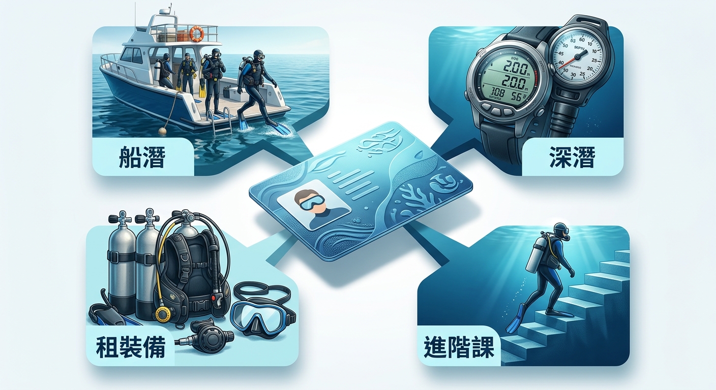 持證潛水員能解鎖的活動清單插畫,畫面以一張潛水證照卡為中心向外放射出四個圖示區塊:船潛(船與潛水員圖示,標籤逐字為 船潛)、深潛(深度計圖示,標籤逐字為 深潛)、租裝備(氣瓶與面鏡圖示,標籤逐字為 租裝備)、進階課程(向上階梯圖示,標籤逐字為 進階課),四個標籤各一行不換行不重複,配色海洋藍與淺青,背景淺色,整張圖除上述四個標籤外不得出現任何其他文字、字母、數字或標題