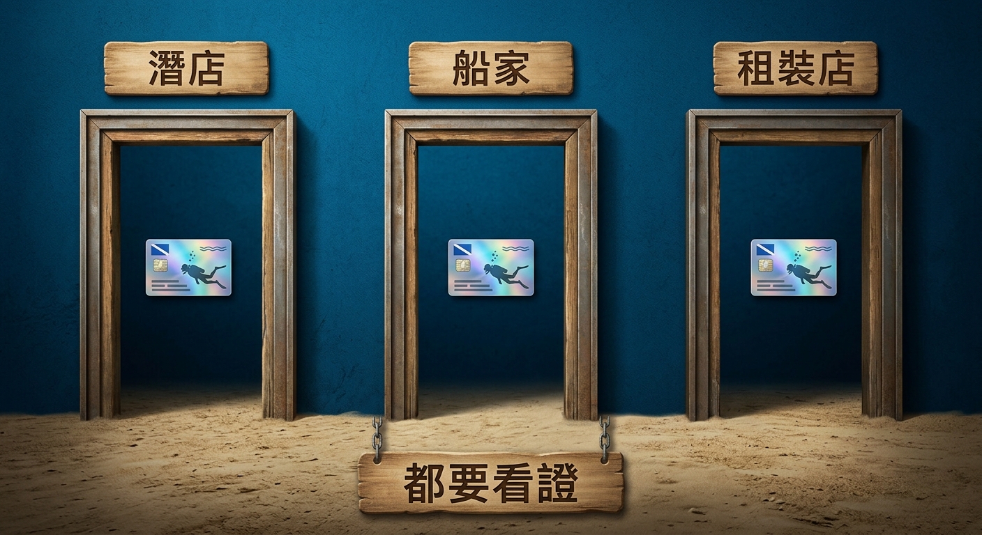 證照作為三道門檻的概念圖,三個並列的門框圖示從左到右,門框上方各一個標籤逐字為 潛店 船家 租裝店,每個門框中間有一張小證照卡圖示作為通行符號,下方一行說明標籤逐字為 都要看證,標籤皆一行不換行不重複,配色深藍與沙色,整張圖除上述標籤外不得出現任何其他文字數字或標題
