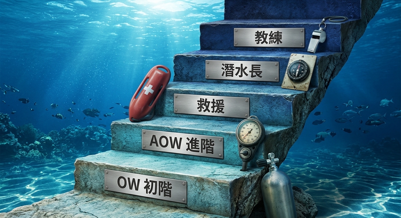 水肺潛水分級階梯圖,五階向上的階梯,每一階一行標籤由低到高逐字為 OW 初階 AOW 進階 救援 潛水長 教練,每階旁一個對應圖示(OW 氣瓶、AOW 深度計、救援十字、潛水長指南針、教練哨子),標籤皆一行不換行不重複,配色由淺藍漸深藍,整張圖除上述五個階梯標籤外不得出現任何其他文字數字或標題