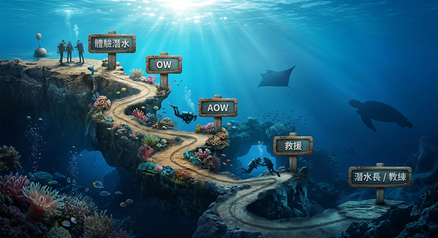 潛水證照等級路線地圖主視覺,畫面為一條由淺到深的海底路徑,路徑上有五個站點,由淺到深站點標籤逐字為 體驗潛水、OW、AOW、救援、潛水長/教練;海面有陽光、海底有珊瑚與海龜剪影,配色由淺青藍漸層到深海藍,圖中除五個站點文字外不得出現任何其他文字、數字或年份
