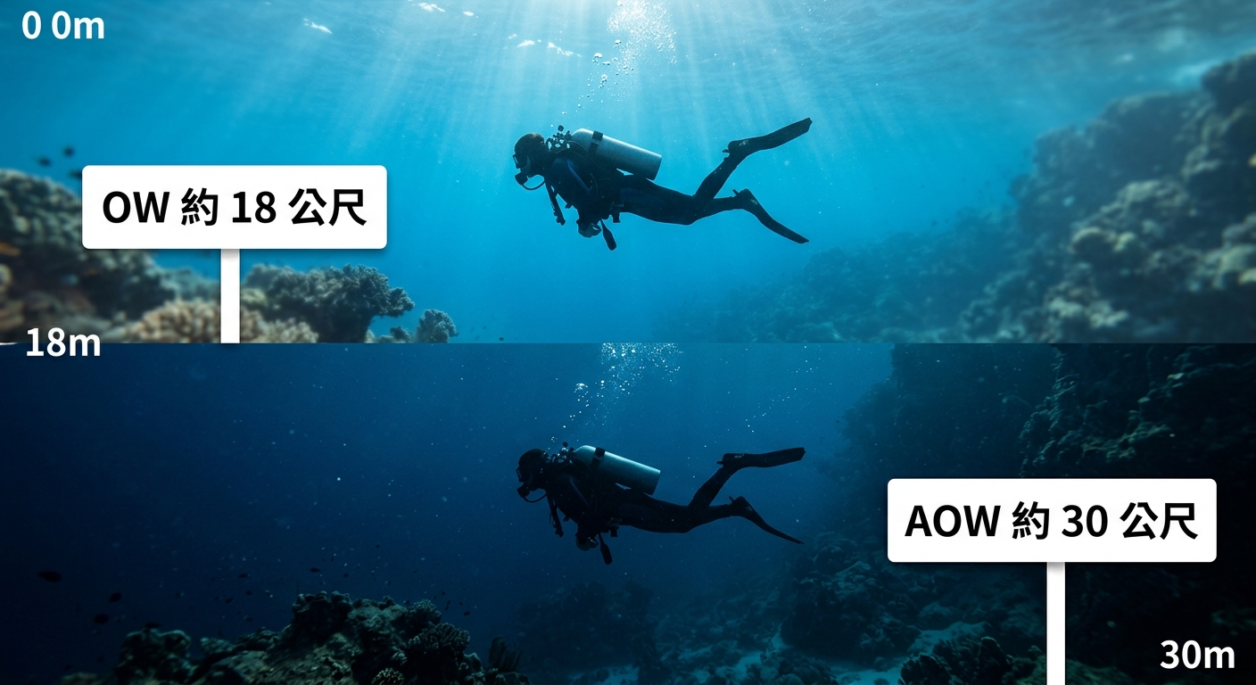 OW 與 AOW 深度對照圖,畫面分上下兩層水深,左側標籤逐字為 OW 約 18 公尺、右側標籤逐字為 AOW 約 30 公尺,各層有一個潛水員剪影,水深由淺到深以海藍漸層表示,圖中除 OW 約 18 公尺、AOW 約 30 公尺兩組字外不得出現任何其他文字、數字或年份