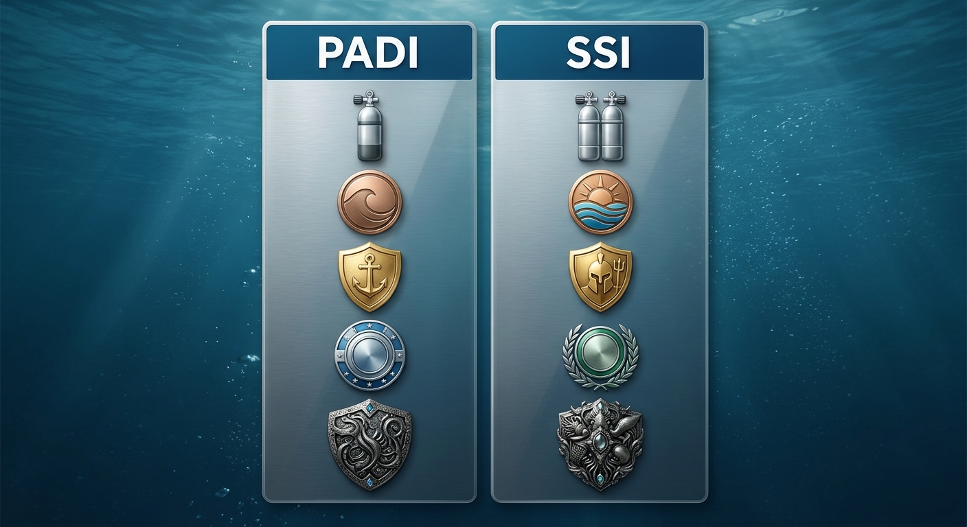 PADI 與 SSI 等級對照表格圖,表格兩欄欄標題逐字為 PADI、SSI,五列由上到下對照,每列左右各填一個英文等級名(如 Open Water 對 Open Water、Advanced Open Water 對 Advanced Adventurer、Rescue 對 Diver Stress & Rescue、Divemaster 對 Dive Guide、Instructor 對 Instructor),表頭深海藍底白字,整張圖除欄標題與格內等級名外不得出現任何其他文字、數字或年份