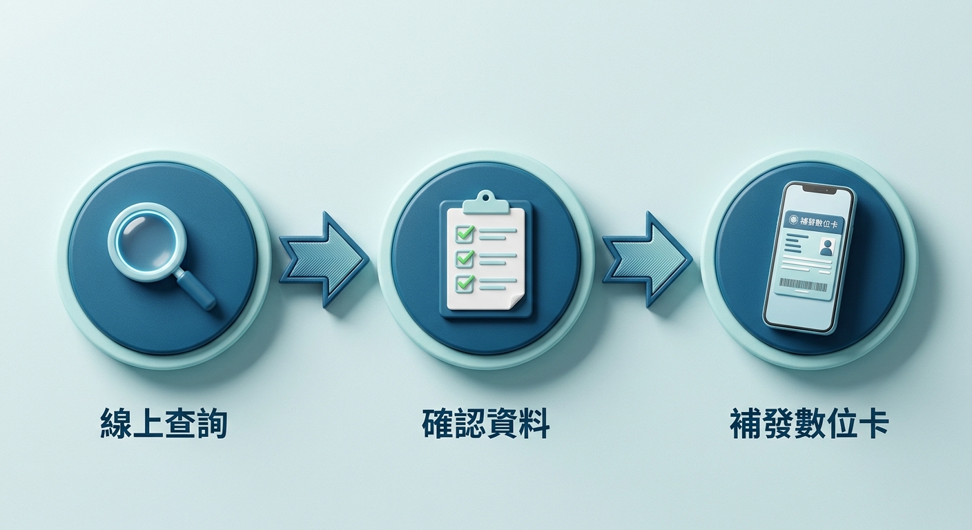 證照查詢與補發流程圖,三個圓形節點以箭頭連接由左至右每個節點下方一行標籤逐字為 線上查詢 確認資料 補發數位卡,節點內各一圖示(放大鏡、勾選清單、手機證照卡),三個標籤各一行不換行不重複,配色海洋藍與淺青,整張圖除上述三個標籤外不得出現任何其他文字數字或標題