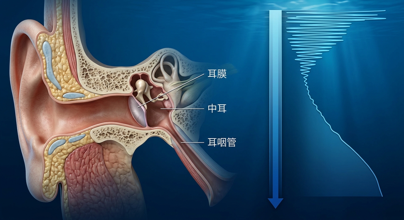 中耳壓力與下潛深度關係剖面示意圖,左側為耳朵剖面(標示外耳、耳膜、中耳、耳咽管),右側為一條往下的深度軸與壓力變化曲線,顯示淺處壓力變化最劇烈,解剖示意插畫風格、藍色系,僅標示 耳膜、中耳、耳咽管 三組部位文字各一行不換行不重複,除這些部位標籤外圖中不得出現其他文字、數字或年份