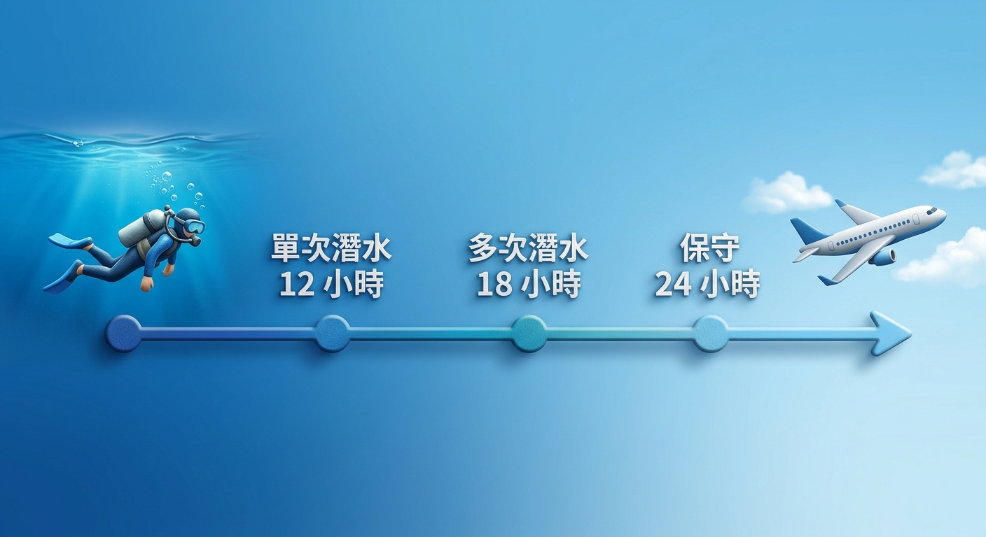 潛水後搭飛機安全間隔時間軸資訊圖,畫面為一條水平時間軸,左端潛水圖示、右端飛機圖示,軸上兩個標記文字逐字為 單次潛水 12 小時、多次潛水 18 小時,另有一個保守建議標記文字逐字為 保守 24 小時,配色海洋藍與天空藍漸層,乾淨清楚,圖中除這三組時間標記文字外不得出現任何其他標題、年份或網址