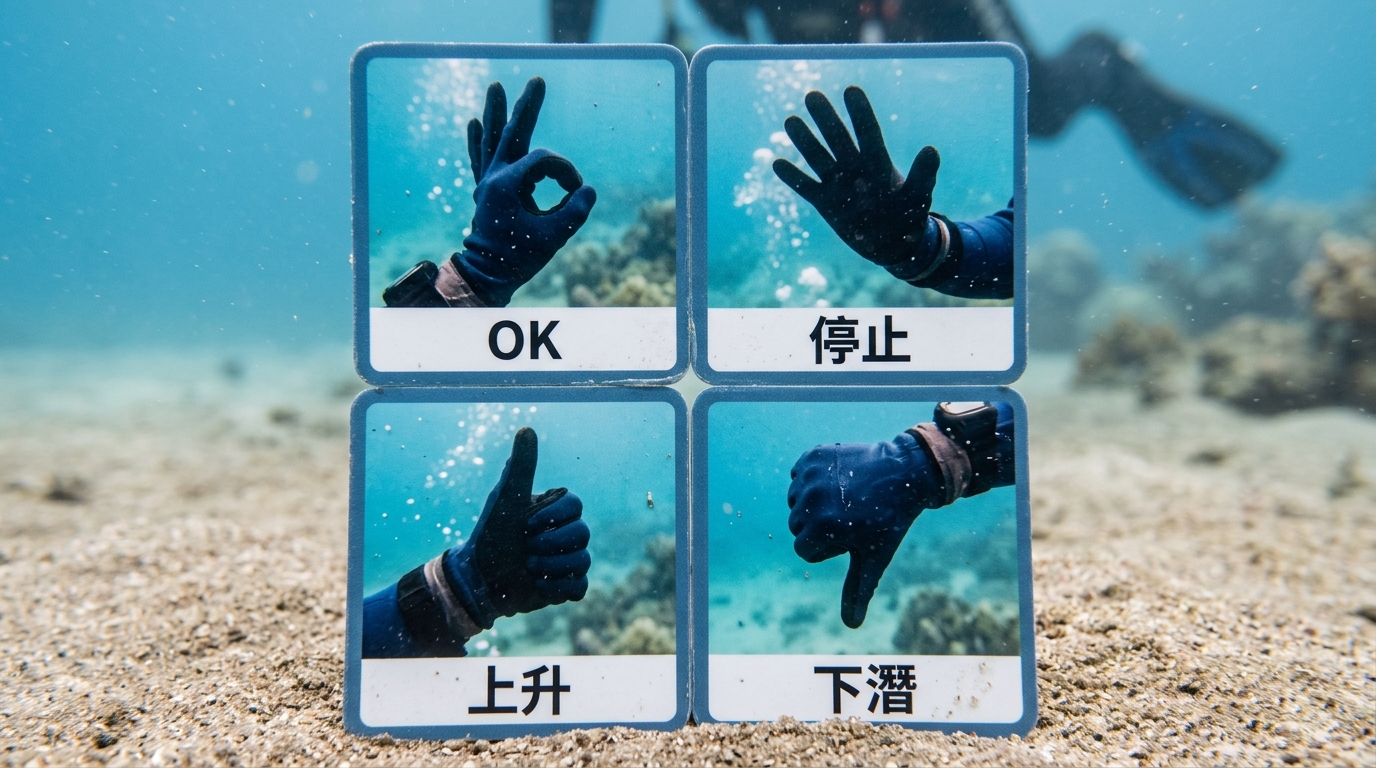 基礎潛水手勢圖卡,四格排列每格一個手部插畫與一行標籤:拇指食指圈成圓(標籤 OK)、手掌外推(標籤 停止)、拇指向上(標籤 上升)、拇指向下(標籤 下潛),手部插畫圖卡風格、藍白色系,四個標籤各一行不換行、四格手勢與文字各不相同不得重複,除這四個標籤外圖中不得出現其他文字或年份