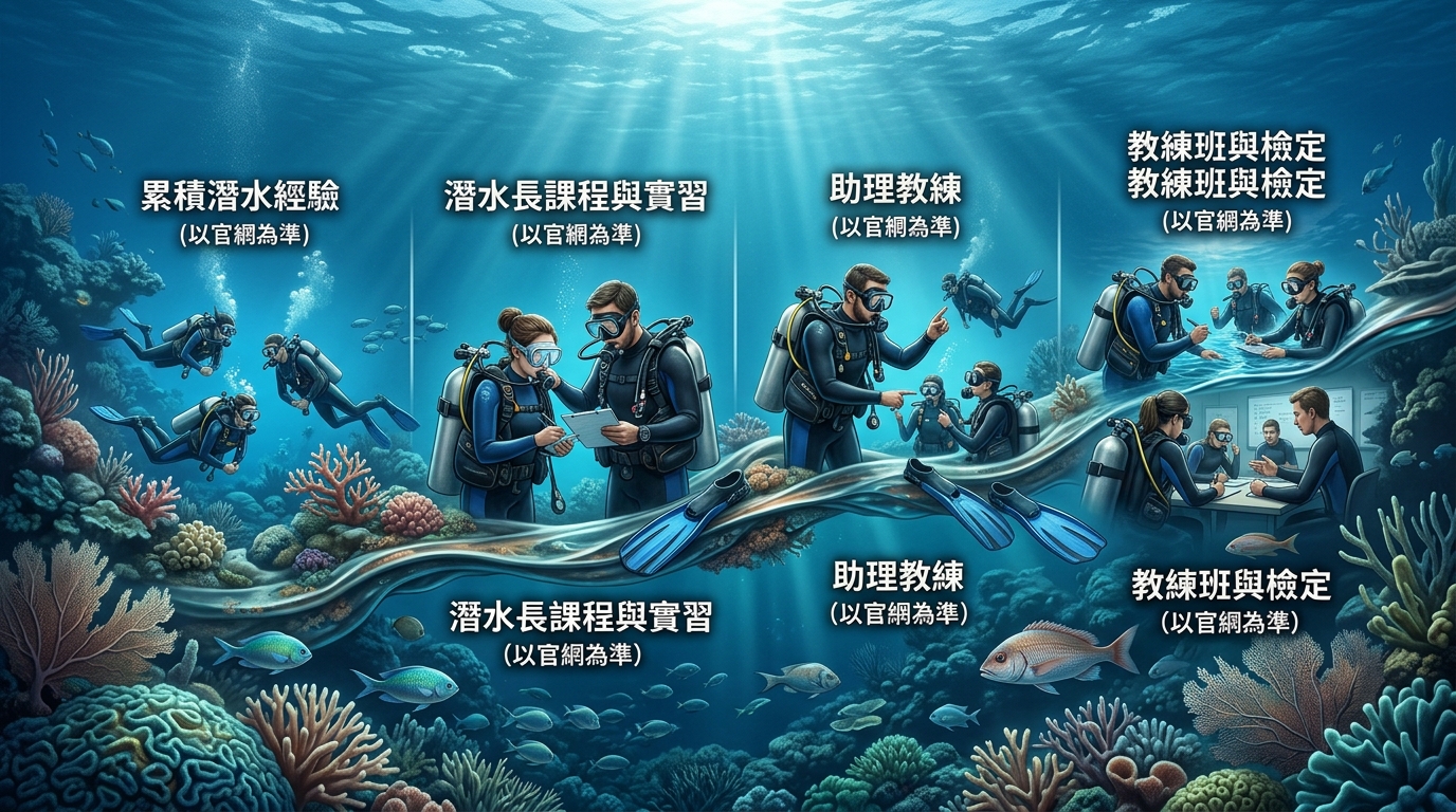 專業級培訓時間軸插畫,橫向時間軸標出各階段:累積潛水經驗、潛水長課程與實習、助理教練、教練班與檢定,每段標註「以官網為準」的相對時長,海洋色系