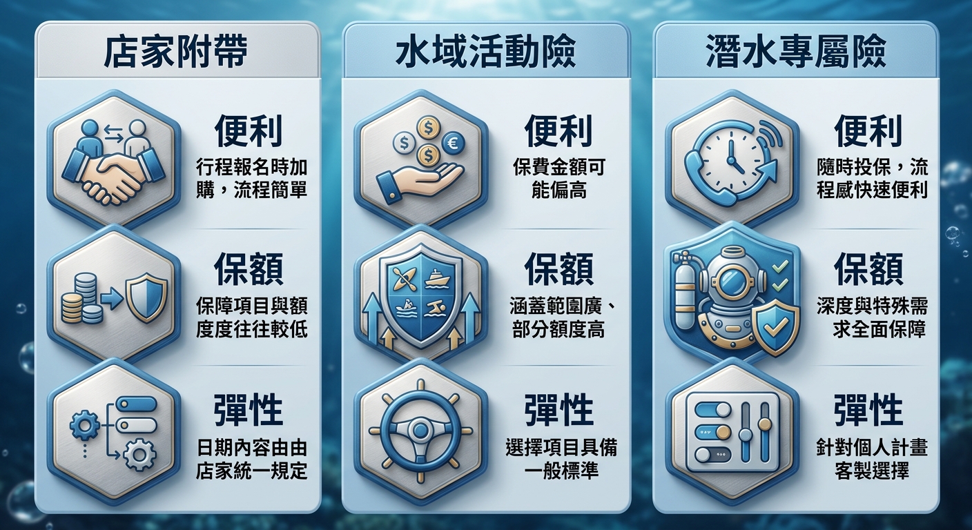 三種潛水保險來源對照表格資訊圖,表格三欄分別為 店家附帶、水域活動險、潛水專屬險,每欄下方列出三個簡單特性圖示(便利、保額、彈性),表格資訊圖風格、藍白色系,三個欄標題各一行不換行、三欄文字各不相同不得重複,除欄標題與既有特性標籤外圖中不得出現其他文字、金額或年份