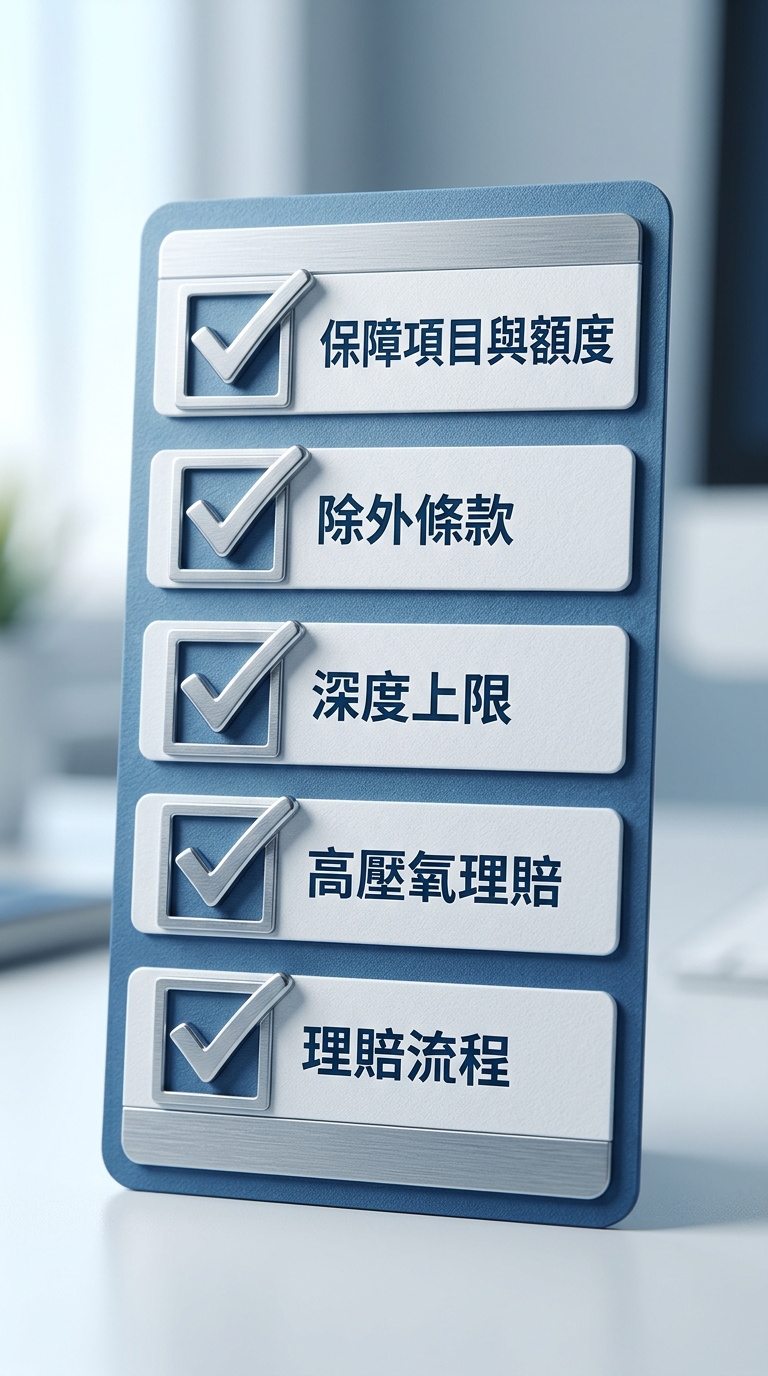 投保前必問清單視覺化卡片,垂直排列五個打勾項目,每項一行:保障項目與額度、除外條款、深度上限、高壓氧理賠、理賠流程,清單卡風格、藍白色系,五個標籤各一行不換行、五項文字各不相同不得重複,除這五個標籤外圖中不得出現其他文字、金額或年份