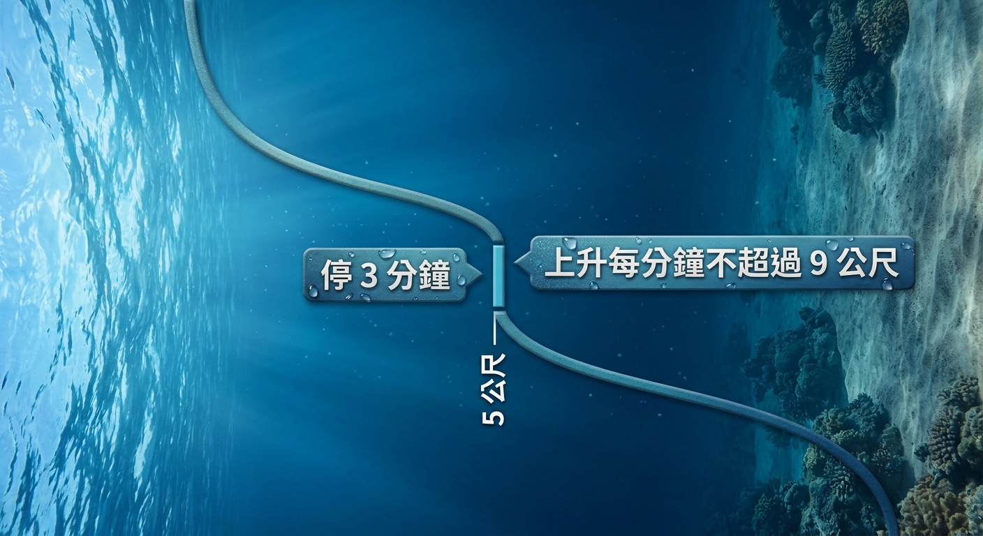 上升曲線與安全停留剖面側視示意圖,畫面左側為海面、右側往下為海底,一條平滑上升曲線從深處往海面延伸,在水深 5 公尺處有一段水平停留標示停 3 分鐘,曲線旁標注 上升每分鐘不超過 9 公尺,剖面插畫風格、藍色漸層海水,數值逐字標注於對應位置、不得增減或重複任何字,圖中不得出現年份