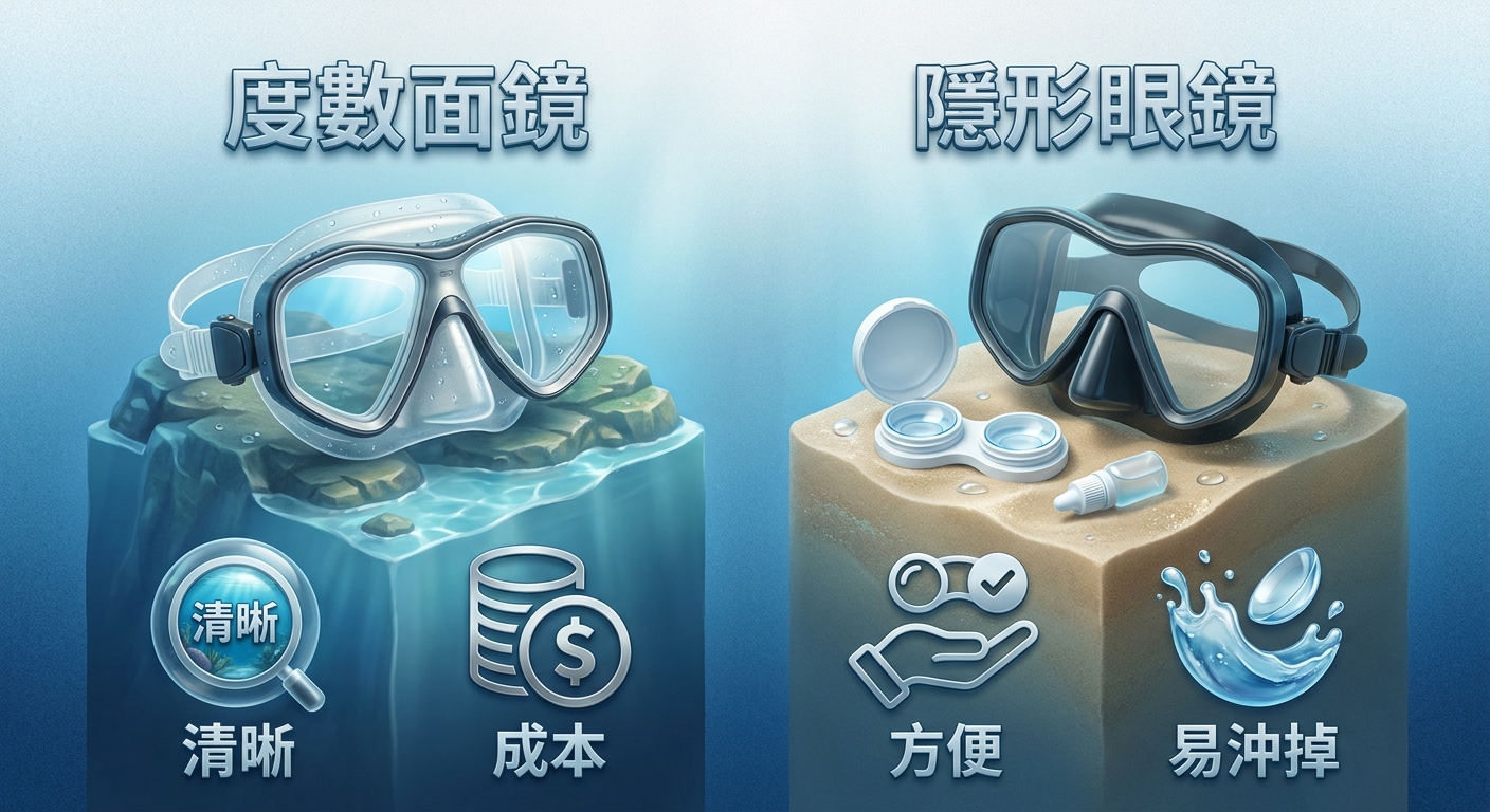 度數面鏡與隱形眼鏡兩種近視潛水方案雙欄對比插畫,左欄一個潛水面鏡圖示(標題 度數面鏡)、右欄一個隱形眼鏡與面鏡圖示(標題 隱形眼鏡),每欄下方各兩個簡單優缺點圖示(清晰、成本 對 方便、易沖掉),雙欄插畫風格、藍白色系,兩個欄標題各一行不換行且文字不同不得重複,除欄標題與既有優缺點標籤外圖中不得出現其他文字或年份