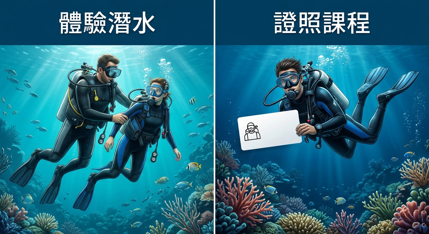體驗潛水 vs 證照課程左右對照插畫，左半邊上方一行標籤逐字為 體驗潛水下方畫一位教練牽著一位學員下潛的圖示，右半邊上方一行標籤逐字為 證照課程下方畫一位潛水員獨立下潛持證照卡圖示，中間一條垂直分隔線，兩個標籤各一行不換行不重複，配色海洋藍與淺青，整張圖除上述兩個標籤外不得出現任何其他文字數字或標題