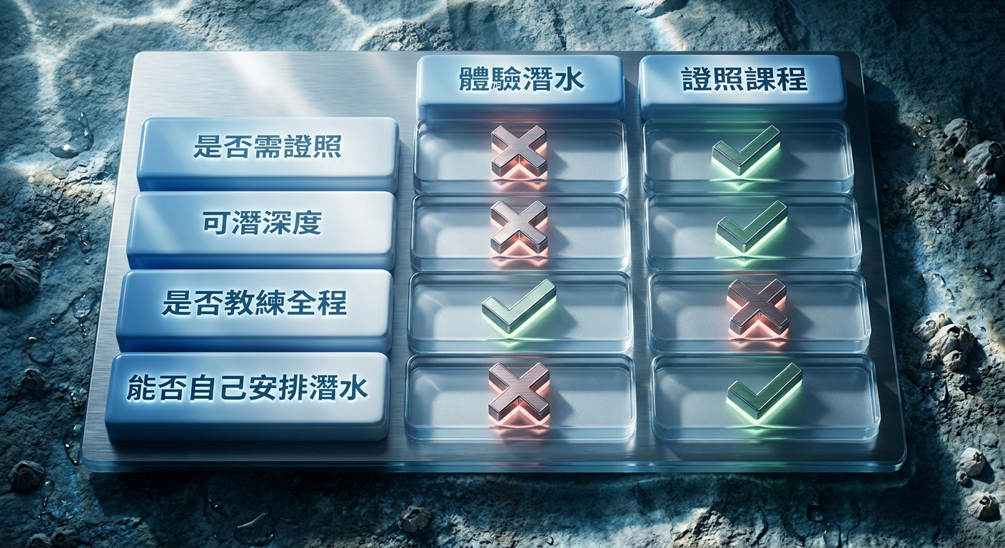 體驗潛水與證照課程比較表格圖,左欄為比較項目四項一行標籤逐字為 是否需證照 可潛深度 是否教練全程 能否自己安排潛水,右側兩欄分別上方一行標籤逐字為 體驗潛水 與 證照課程,欄內以勾叉圖示與簡短圖形呈現,所有標籤各一行不換行不重複,配色淺藍與白,整張圖除上述六個標籤與勾叉圖示外不得出現任何其他文字數字或標題