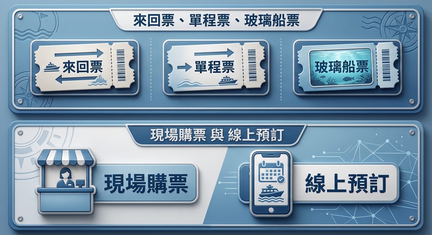船票種類與購買管道對照圖,畫面分上下兩區,上區為票種對照、三個並列票券圖示標籤逐字分別為 來回票、單程票、玻璃船票,下區為購買管道對照、兩個並列圖示標籤逐字為 現場購票 與 線上預訂,配色為藍白雙色搭配票券圖示,每個標籤一行不換行、不重複,圖中不得出現任何金額、網址、電話或年份