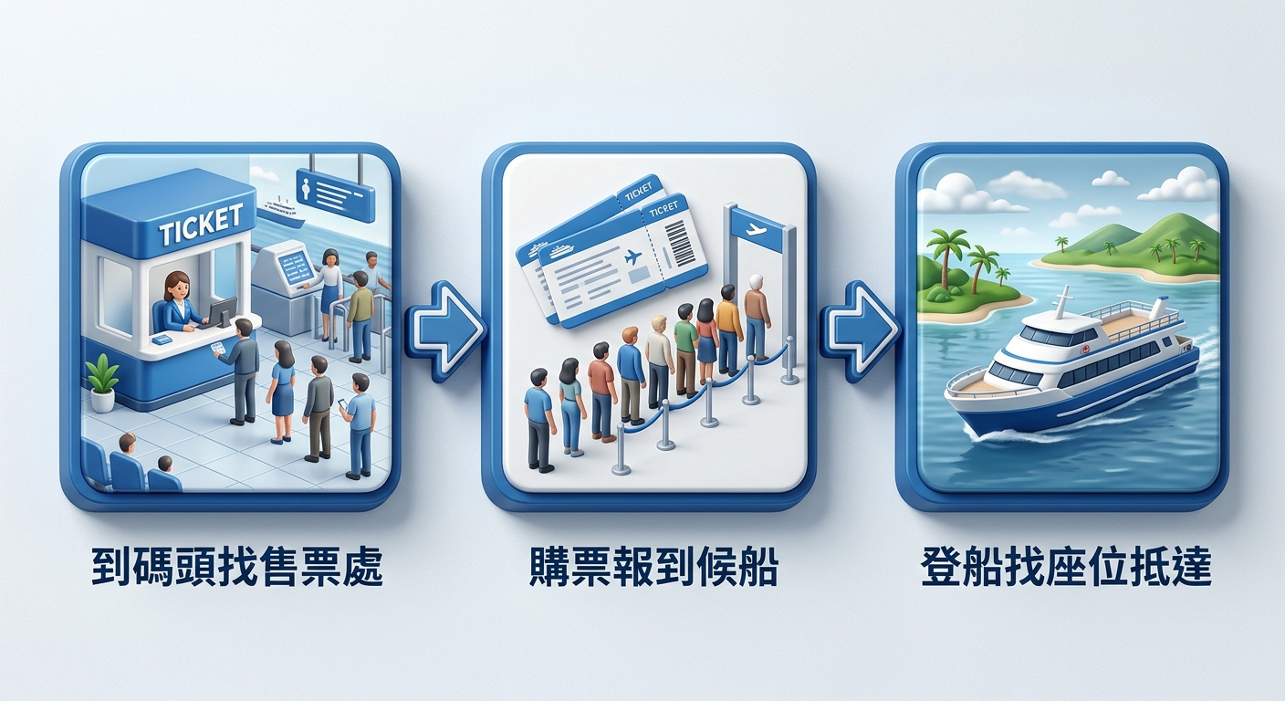 搭船流程三步驟插畫,由左至右三個步驟方塊,步驟一圖示為售票亭、文字逐字為 到碼頭找售票處,步驟二圖示為票券與排隊人形、文字逐字為 購票報到候船,步驟三圖示為客船與島嶼、文字逐字為 登船找座位抵達,三個步驟之間以向右箭頭連接,配色為藍白雙色扁平插畫,每個步驟文字一行不換行、不重複,圖中不得出現任何年份、網址、電話或價格