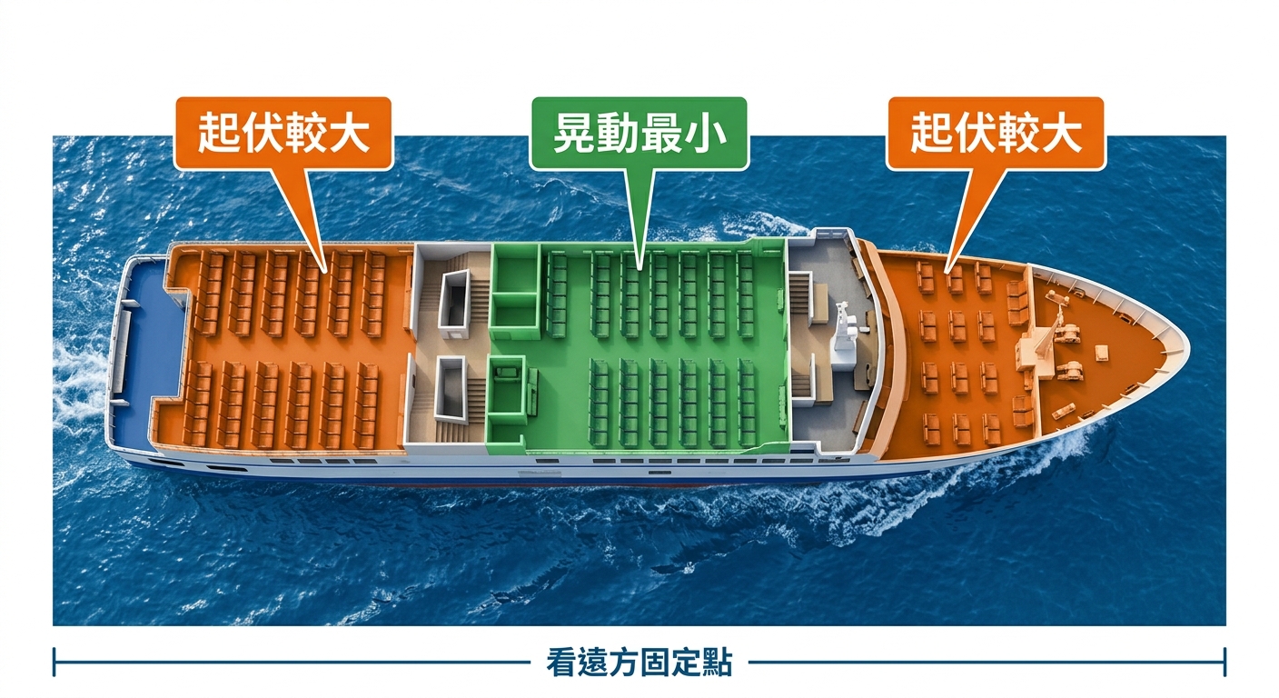 暈船座位選擇示意圖,畫面為一艘客船的俯視剖面圖,船身分為船頭、中段、船尾三區,中段以綠色標示並加標籤文字逐字為 晃動最小,船頭與船尾以橘色標示並各加標籤文字逐字為 起伏較大,船的下方補一行小提醒標籤文字逐字為 看遠方固定點,配色為藍綠橘三色搭配白底,每個標籤一行不換行、不重複,圖中除指定文字外不得出現任何網址、電話、價格或年份