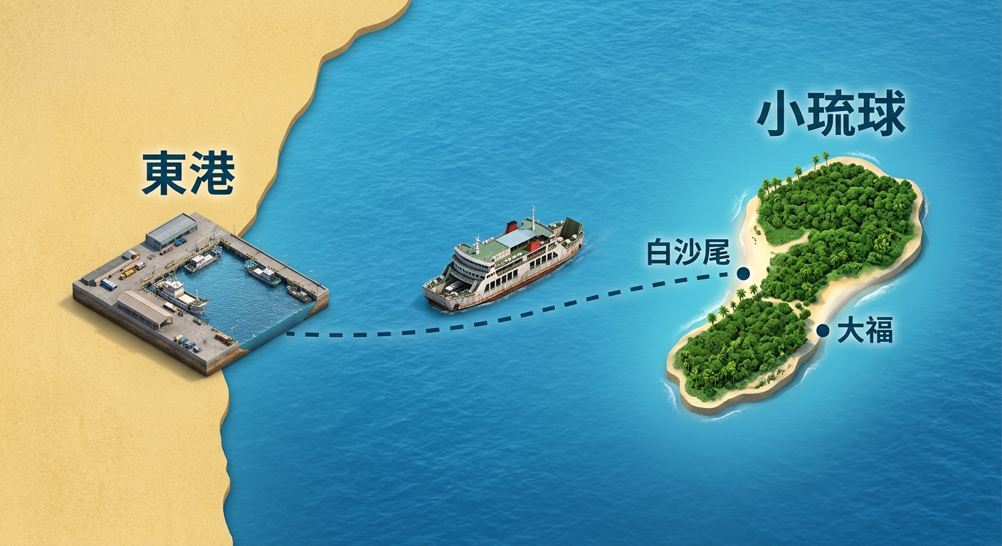東港到小琉球航線示意地圖,左側標 東港 一個碼頭線條圖示,右側標 小琉球 一個島嶼線條圖示,中間一條渡輪航線虛線連接、線上一個渡輪圖示,小琉球側標兩個小點分別標 白沙尾、大福,配色海洋藍與沙黃,圖中不得出現任何票價、金額或年份