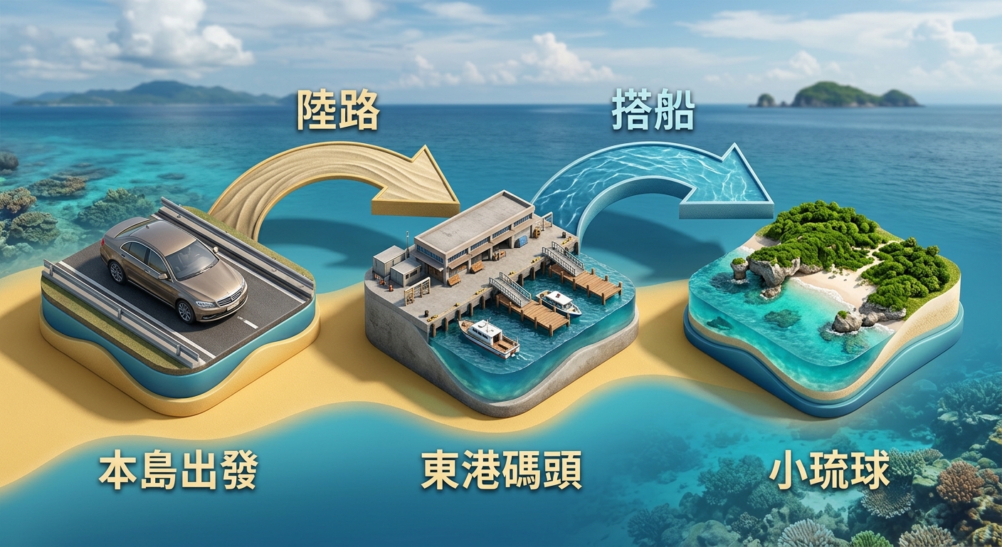 兩段路示意流程圖,由左至右三節點箭頭連接,節點下方各一行文字 本島出發、東港碼頭、小琉球,第一段箭頭上方標 陸路、第二段箭頭上方標 搭船,節點圖示為汽車、碼頭、島嶼線條,配色海洋藍與沙黃,圖中不得出現任何金額、票價或年份