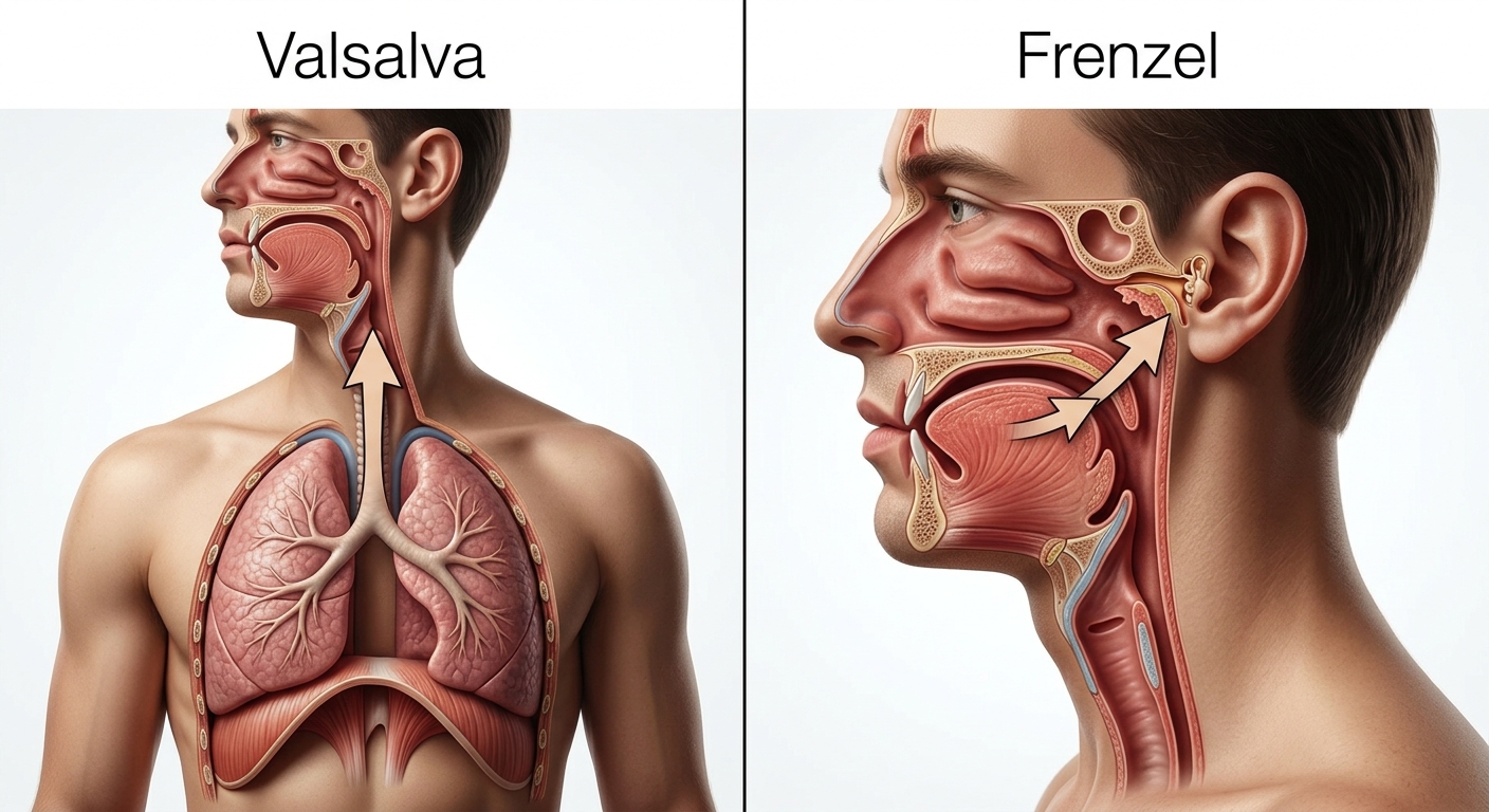 Valsalva 與 Frenzel 兩種平壓送氣方式對比插畫,畫面分左右兩格頭部側面剖視:左格示意用肺部往上吹氣,胸腔到喉嚨一條向上箭頭;右格示意用舌根把氣往耳朵推,口腔舌部一條朝耳朵的短箭頭。左格標 Valsalva、右格標 Frenzel,各一組英文標籤不含引號括號,除這兩組標籤外不得出現任何其他文字或數字