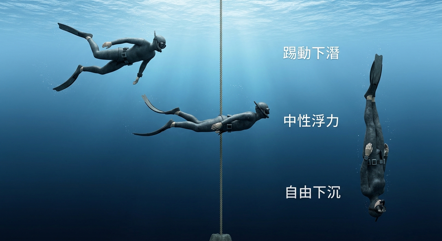 中性浮力與自由落體下潛三階段示意插畫,一條垂直下潛繩從淺到深,沿繩標出三個階段的潛者姿態:上段踢動下潛、中段到達中性浮力點、下段停止踢動自由下沉,水色由淺藍漸層到深藍。三段旁僅各一組四字以內中文標籤逐字為 踢動下潛、中性浮力、自由下沉,不含引號括號,除這三組標籤外不得出現任何其他文字、數字或公尺數