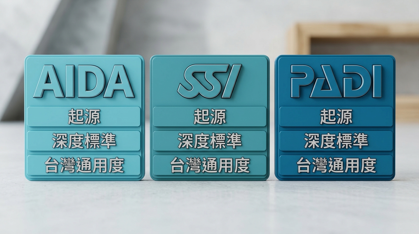 AIDA、SSI、PADI 三大自由潛水證照系統對照卡片,三張並排卡片各代表一個系統,每張卡片上方為系統名稱文字(AIDA、SSI、PADI),下方三行極短欄位標籤逐字為 起源、深度標準、台灣通用度,卡片以不同藍綠色區分,乾淨現代風。卡片文字僅限上述系統名稱與三個欄位標籤,不得出現任何數字、星等或年份
