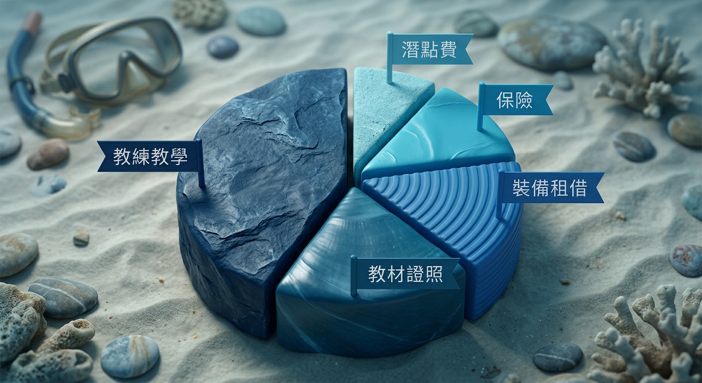 自由潛水課程費用組成拆解圓餅圖,一個圓餅圖分成五個大小不一的扇形區塊,每個扇形旁一行極短標籤逐字為 教練教學、教材證照、裝備租借、保險、潛點費,圖中絕對不得出現任何金額、百分比數字或年份,僅五個項目名稱標籤、不含引號括號,海藍色系五種深淺。除這五個標籤外不得出現任何文字或數字