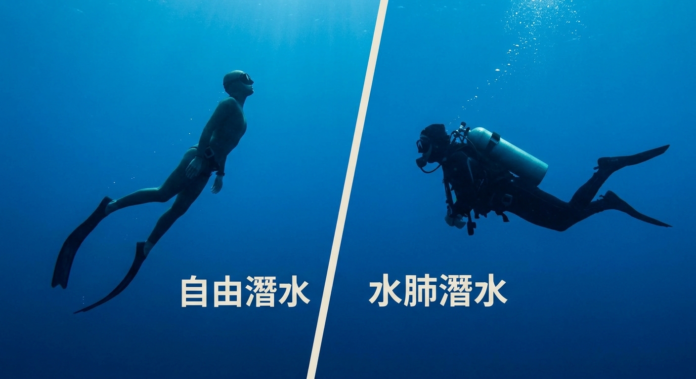 自由潛水 vs 水肺潛水左右並排對照插畫,畫面分左右兩半:左半為一名只戴面鏡與長蛙鞋、無氣瓶的自由潛水者剪影,標籤逐字為 自由潛水;右半為一名背氣瓶、戴調節器的水肺潛水者剪影,標籤逐字為 水肺潛水。兩側水色相同藍,中間一條淺色分隔線。每側僅一組四字標籤,不含引號括號,除這兩組標籤外不得出現任何其他文字或數字