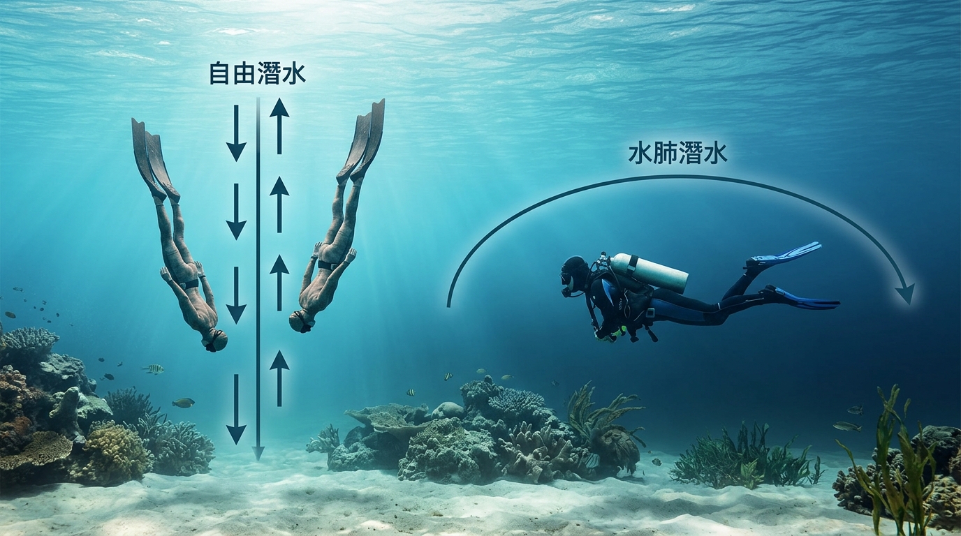 自由潛水與水肺潛水深度與停留時間對比插畫,一個橫向海洋剖面,左側自由潛水者沿繩做多趟短下潛、以數條上下短箭頭代表重複下潛,右側水肺潛水者停留在較深一處較久、以一條長停留弧線表示,水色由淺到深。左標 自由潛水、右標 水肺潛水,各一組四字標籤不含引號括號,除這兩組標籤外不得出現任何其他文字、數字或公尺數