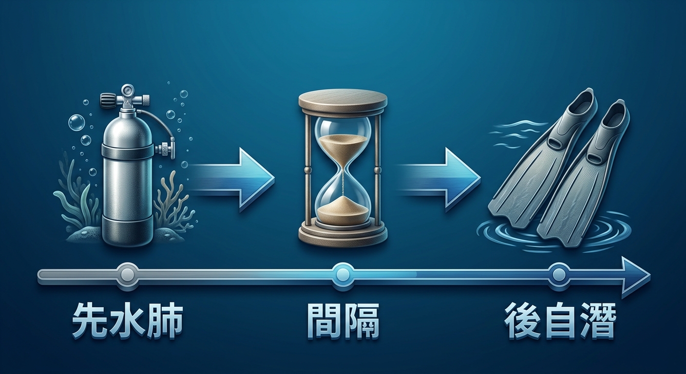 同一天先水肺後自潛的安全順序示意插畫,一條由左到右的時間軸,左端一個水肺氣瓶圖示、中間一段間隔放一個沙漏圖示、右端一雙自由潛水長蛙鞋圖示,箭頭由左指向右代表建議順序,海藍色系、乾淨。三處下方僅各一組中文標籤逐字為 先水肺、間隔、後自潛,不含引號括號,除這三組標籤外不得出現任何其他文字、數字或小時數